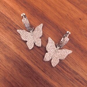Micro Pave Zircon Butterfly Earrings | Silver Tone | 1.25” Drop